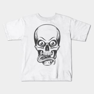 Human skull with eyes and tongue sticking out drawn in tattoo style. Vector illustration. Kids T-Shirt